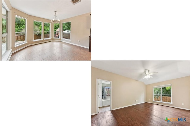 211 Gettysburg Loop, Elgin, TX 78621 - unfurnished living room with ceiling fan with notable chandelier, baseboards, and visible vents