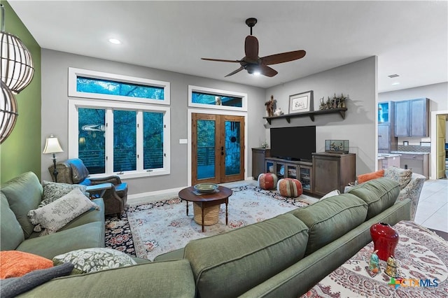 119 Stageline Dr, Kyle, TX 78640 - living room featuring ceiling fan, baseboards, recessed lighting, and light tile patterned floors