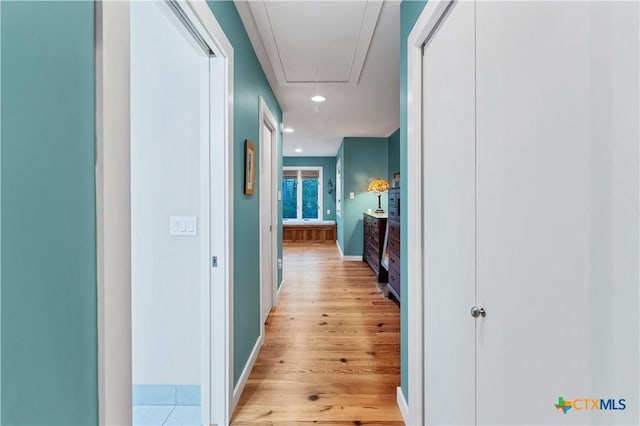 119 Stageline Dr, Kyle, TX 78640 - hallway featuring attic access, recessed lighting, light wood finished floors, and baseboards