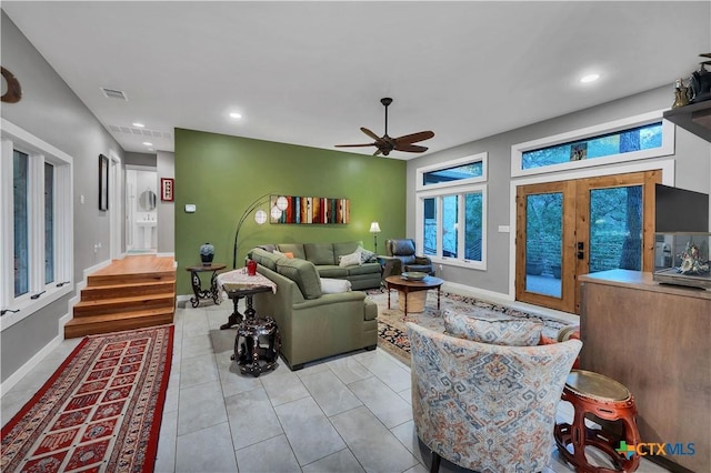 119 Stageline Dr, Kyle, TX 78640 - tiled living room with ceiling fan, baseboards, and recessed lighting