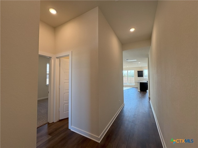 corridor featuring dark wood-type flooring