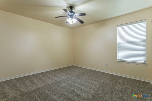 empty room featuring a wealth of natural light, ceiling fan, and carpet