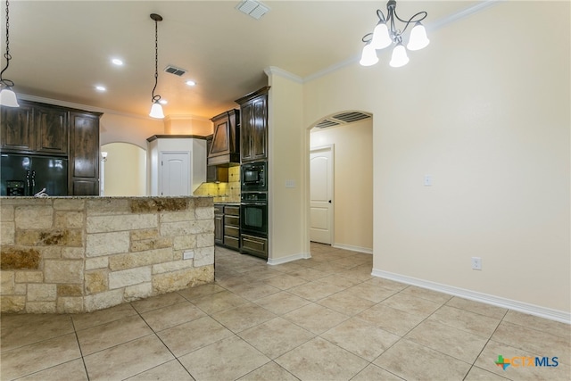 kitchen featuring black appliances, ornamental molding, dark brown cabinetry, light stone countertops, and an inviting chandelier