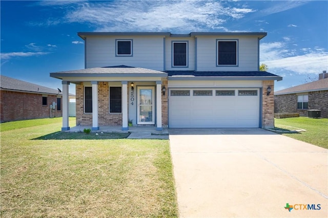 front facade with covered porch, a garage, a front yard, and central AC