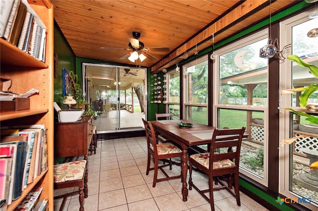 sunroom with a ceiling fan and outdoor dining space