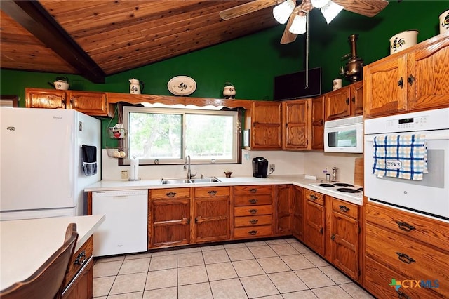 kitchen featuring a ceiling fan, a sink, light tile patterned flooring, white appliances, and lofted ceiling