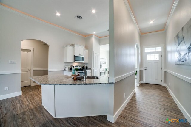 166 Lost Maples Way, Marion, TX 78124 - kitchen with stainless steel appliances, arched walkways, a sink, ornamental molding, and dark stone countertops