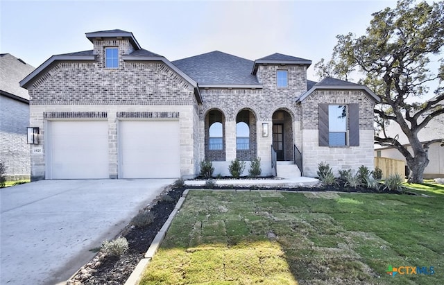 view of front facade featuring a garage and a front lawn