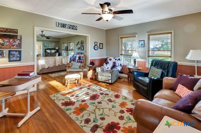 living area with wood finished floors, a wainscoted wall, and ornamental molding