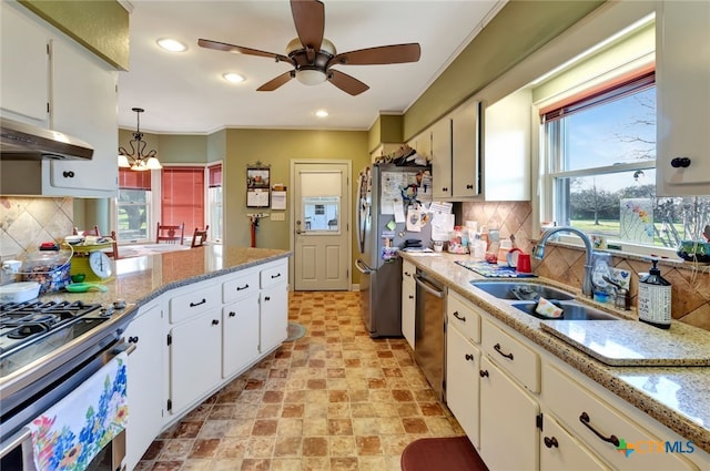 kitchen featuring tasteful backsplash, white cabinets, stainless steel appliances, and a sink