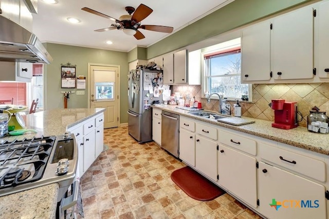 kitchen with decorative backsplash, range hood, appliances with stainless steel finishes, and a sink