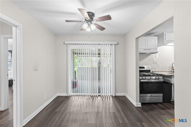 interior space with dark wood-style flooring, a ceiling fan, a sink, and baseboards