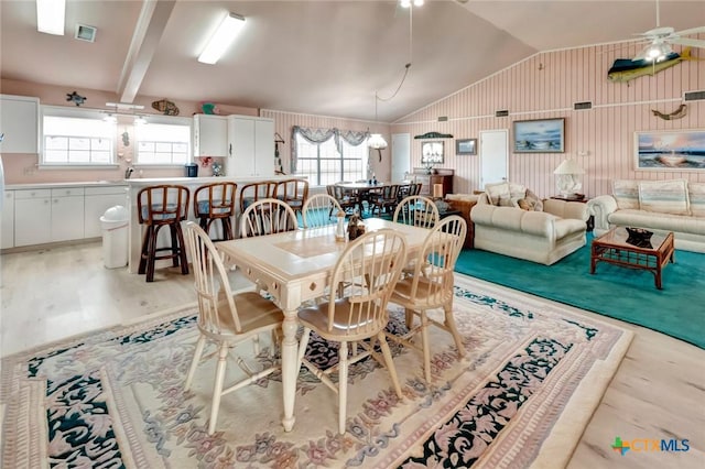 dining space featuring lofted ceiling with beams, light wood-type flooring, visible vents, and a ceiling fan