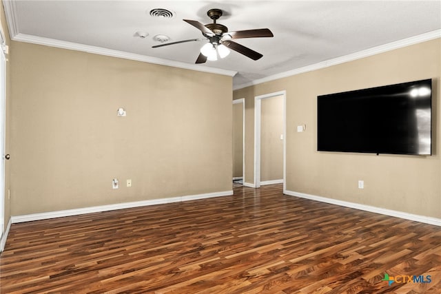 unfurnished living room with visible vents, crown molding, and wood finished floors