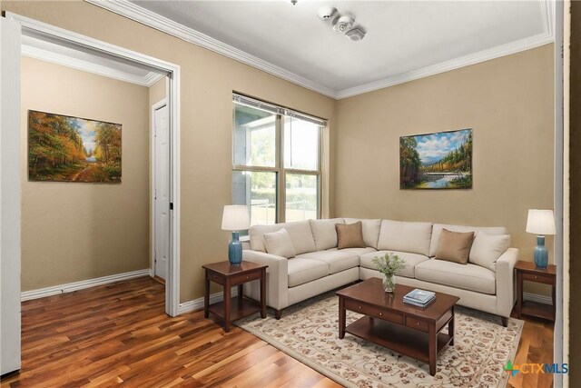 living area with baseboards, wood finished floors, and crown molding