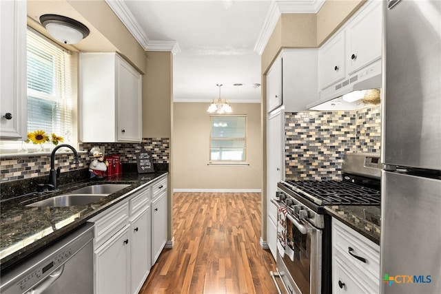 kitchen with under cabinet range hood, a sink, white cabinetry, appliances with stainless steel finishes, and crown molding