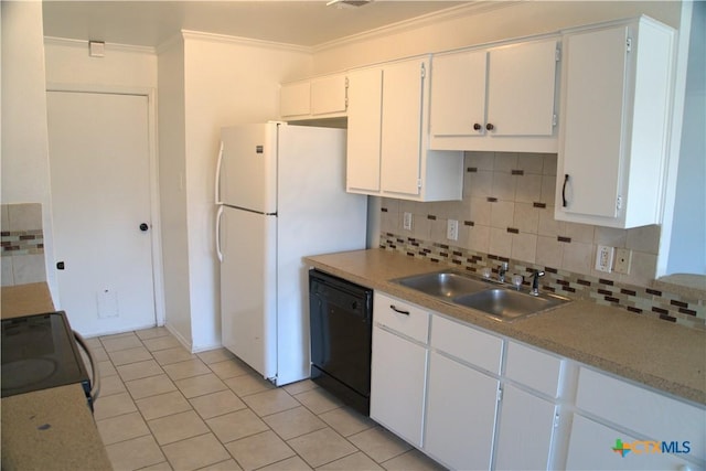 kitchen featuring black appliances, white cabinets, sink, ornamental molding, and tasteful backsplash