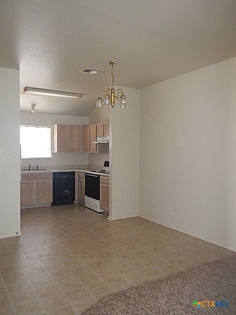 kitchen featuring light brown cabinetry, white range, dishwasher, hanging light fixtures, and lofted ceiling