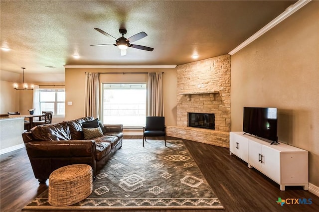 living room with a stone fireplace, crown molding, a textured ceiling, and dark wood-type flooring