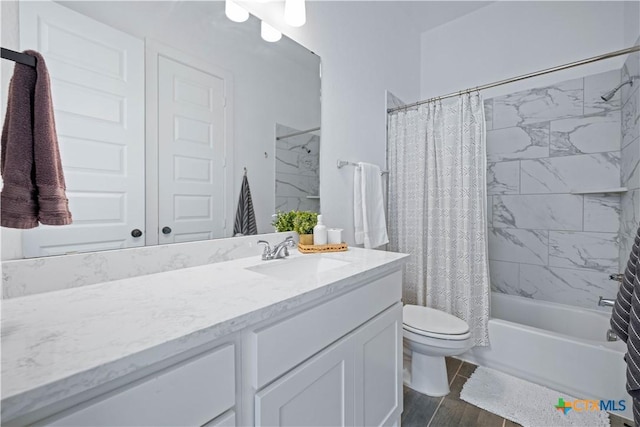 385 Althea, New Braunfels, TX 78132 - bathroom featuring vanity, shower / tub combo, toilet, and wood finished floors