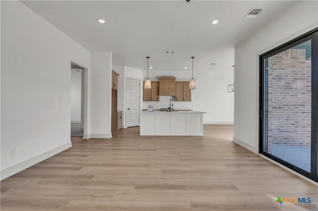 kitchen with light hardwood / wood-style floors, a center island with sink, pendant lighting, and sink