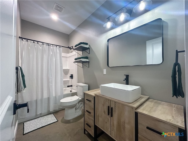 full bathroom with vanity, toilet, shower / tub combo, and concrete floors