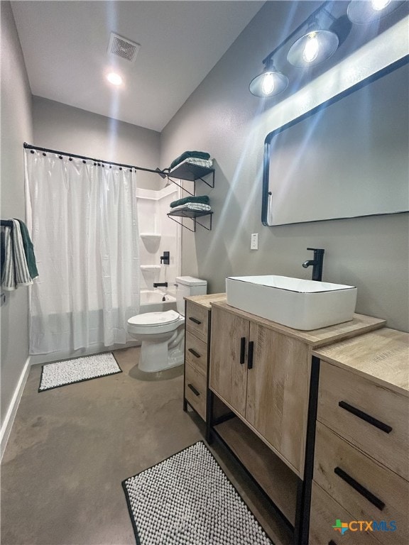 full bathroom with toilet, vanity, concrete floors, and shower / bathtub combination with curtain