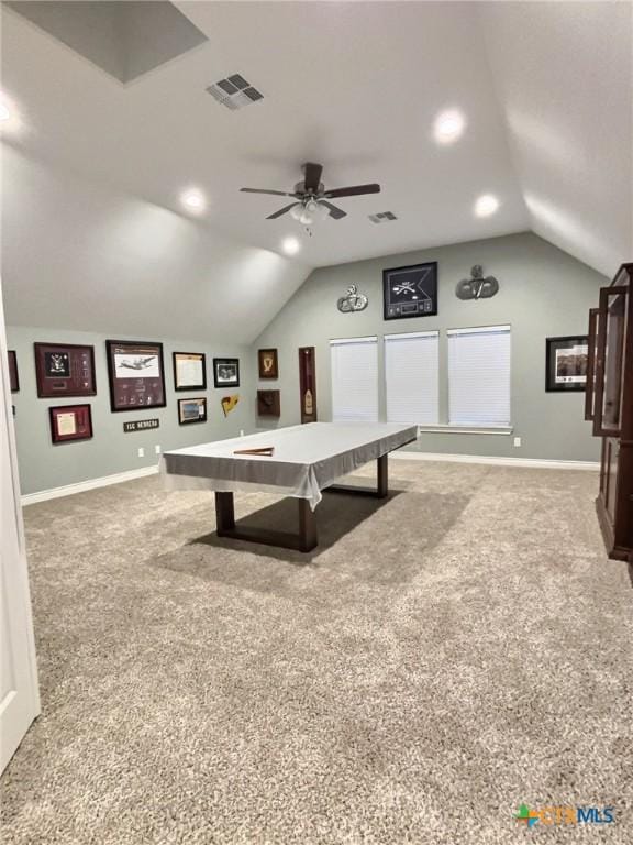 recreation room featuring carpet, ceiling fan, and lofted ceiling