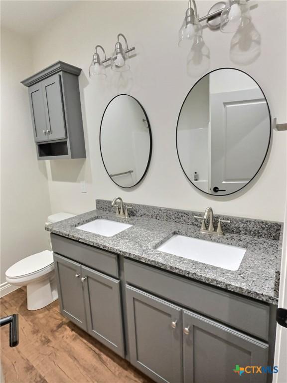 bathroom featuring wood-type flooring, vanity, and toilet