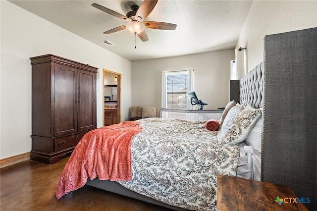 bedroom featuring ensuite bathroom and ceiling fan