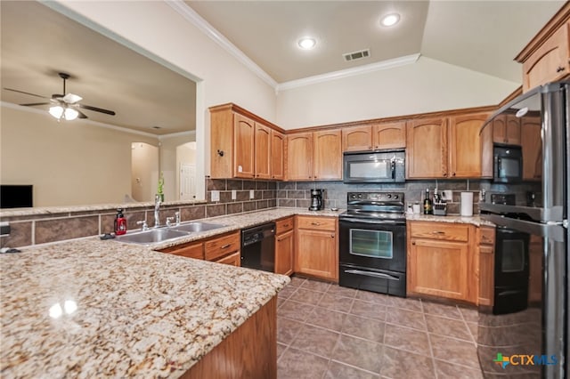 1921 Merlin Dr, Harker Heights, TX 76548 - kitchen with black appliances, a sink, decorative backsplash, light tile patterned flooring, and crown molding