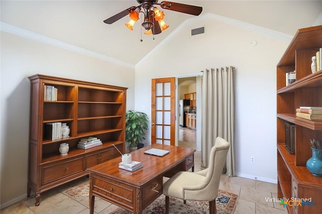 office area with visible vents, ceiling fan, lofted ceiling, and ornamental molding