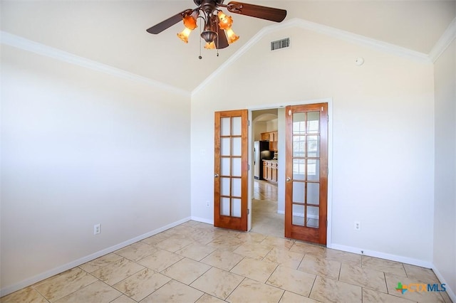 empty room with visible vents, french doors, crown molding, and baseboards