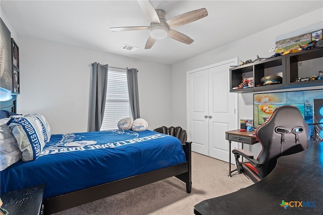 804 Blue Oak Blvd, San Marcos, TX 78666 - bedroom featuring light carpet, a closet, ceiling fan, and an office area