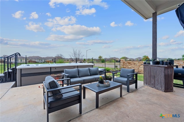 804 Blue Oak Blvd, San Marcos, TX 78666 - view of patio / terrace with a fenced backyard, an outdoor hangout area, and a jacuzzi