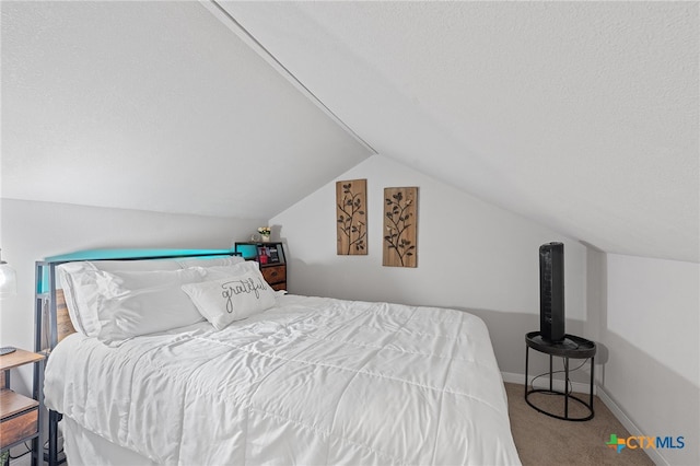 804 Blue Oak Blvd, San Marcos, TX 78666 - bedroom with carpet floors, vaulted ceiling, baseboards, and a textured ceiling