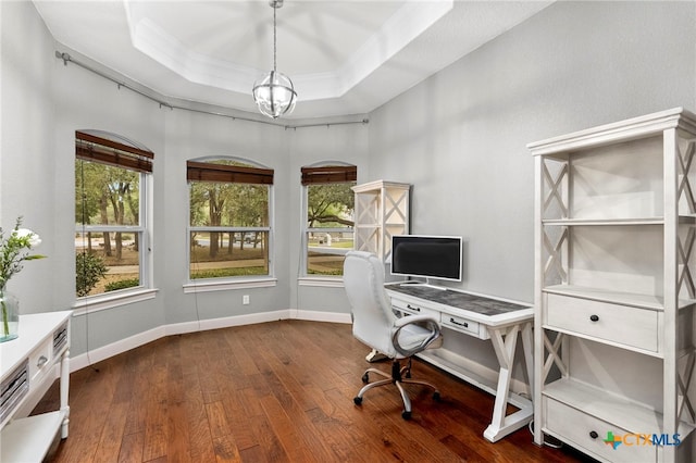 office space with dark wood-type flooring, crown molding, and a tray ceiling