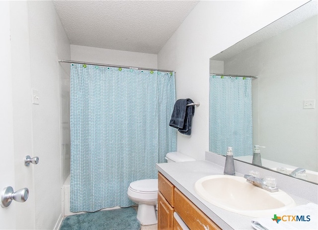 full bathroom featuring vanity, a textured ceiling, toilet, and shower / bathtub combination with curtain