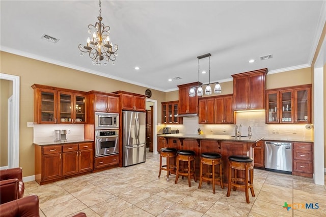 kitchen with stainless steel appliances, visible vents, decorative backsplash, glass insert cabinets, and a breakfast bar area