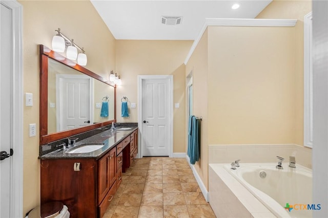 full bathroom featuring a shower stall, double vanity, visible vents, a sink, and a bath