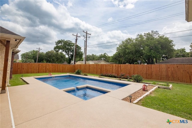 view of swimming pool featuring a fenced in pool, a fenced backyard, a patio area, a lawn, and an in ground hot tub