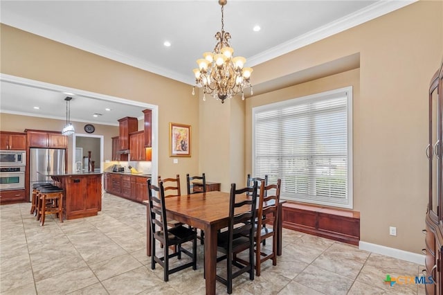 dining room with baseboards, recessed lighting, a notable chandelier, ornamental molding, and light tile patterned floors