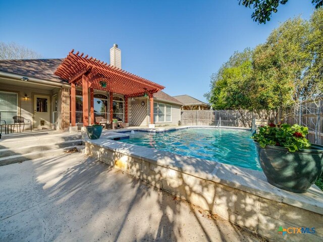 view of pool featuring a fenced in pool, a pergola, fence, and a patio area