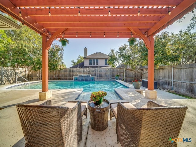 view of pool featuring a fenced backyard, a fenced in pool, a pergola, and a patio