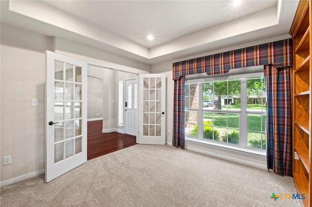 1428 Windcrest Dr, Round Rock, TX 78664 - unfurnished room featuring french doors, carpet floors, baseboards, a raised ceiling, and recessed lighting