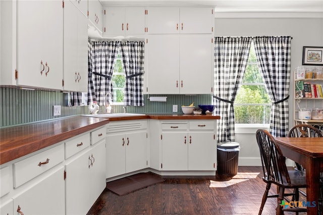 kitchen with white cabinetry, tasteful backsplash, dark hardwood / wood-style floors, and sink