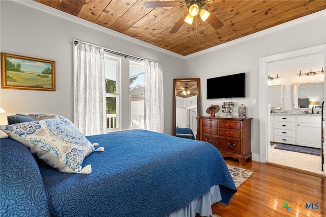 bedroom with wood-type flooring, sink, wooden ceiling, ensuite bathroom, and ceiling fan