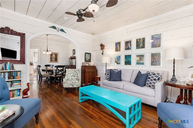 living room featuring wood ceiling, dark hardwood / wood-style floors, and ceiling fan with notable chandelier