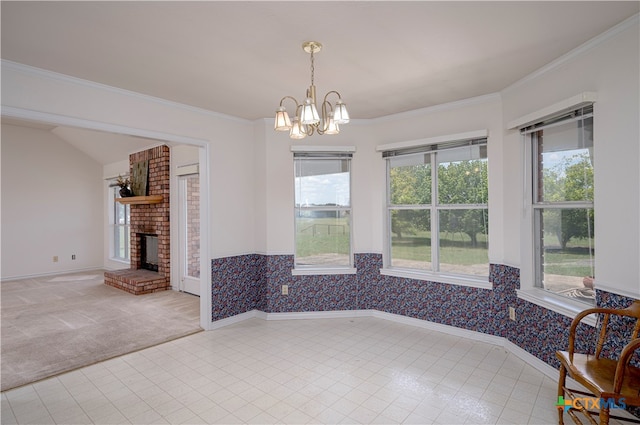 unfurnished dining area with a fireplace, a wealth of natural light, a chandelier, and light carpet