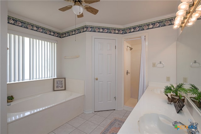 bathroom featuring ornamental molding, shower with separate bathtub, ceiling fan, and tile patterned floors